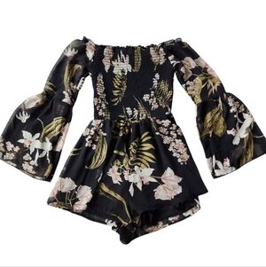 Charlotte Russe Black Floral Romper Bell Sleeve Sz S